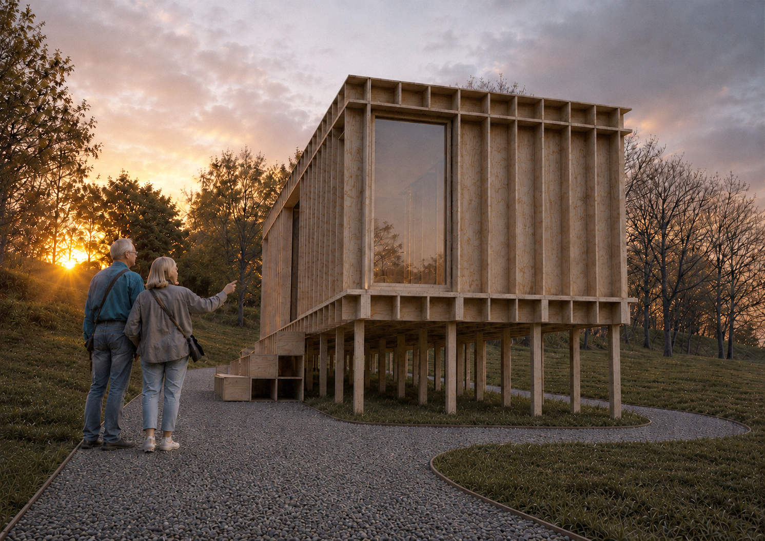 Timber architectural structure in a landscaped setting at sunset